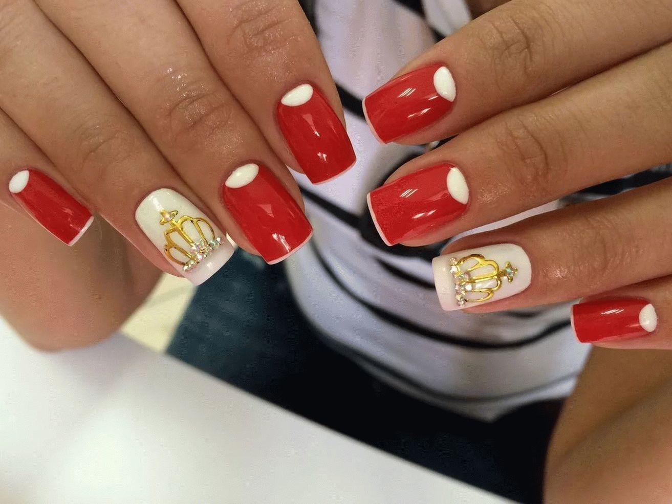 Red-white manicure with a crown