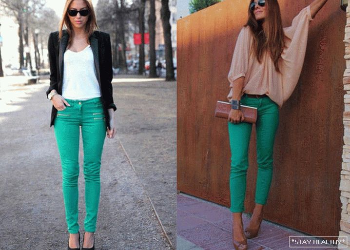модные джинсы зеленого цвета, фото