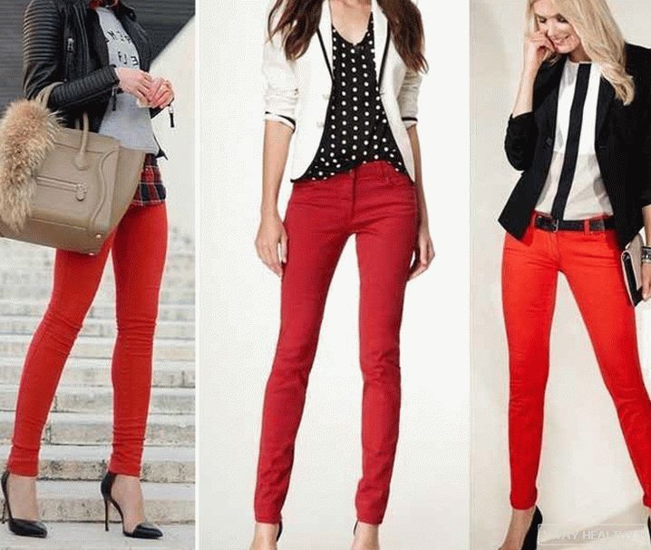 Красные джинсы женские с чем носить фото